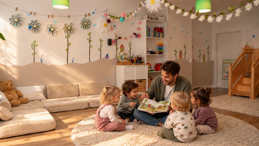 Erzieher liest Kindern in einer gemütlichen Kita-Ecke vor
